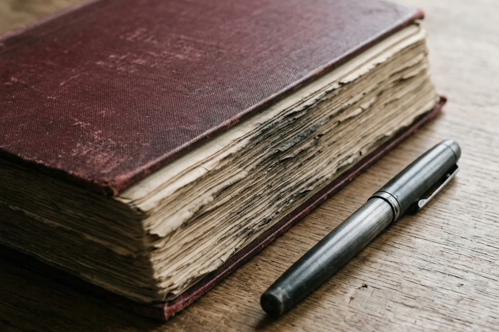 Bound ledger book edge and a pen on a desk.